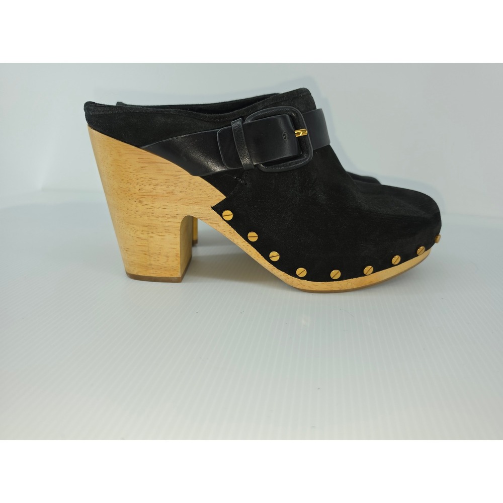 Veronica Beard Black Suede Studded Wooden Platform Clog Mules Womens 10M